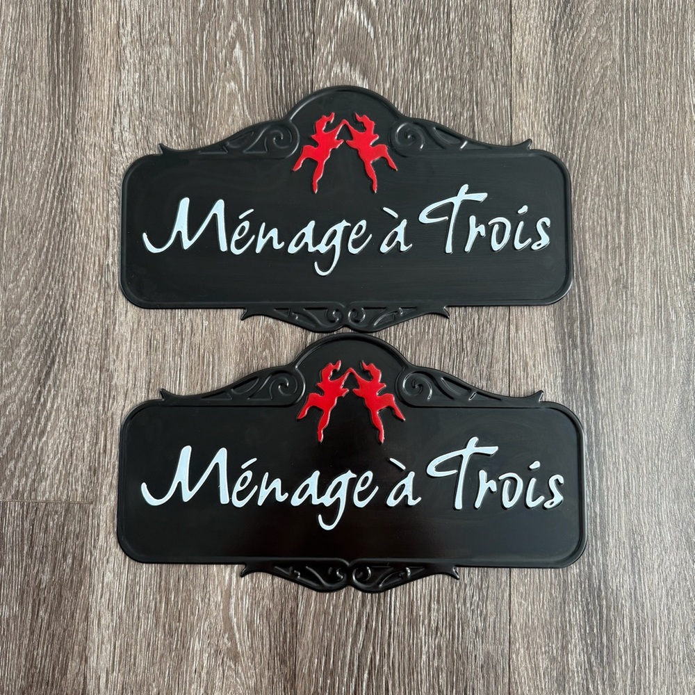 Ménage à Trois Black and Red Metal Signs Set of 2